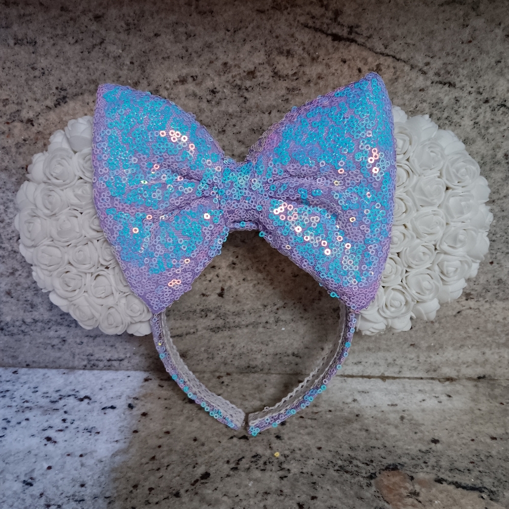 Custom Iridescent Sequin Minnie Mouse Ears Headband w Off White Roses GORGEOUS